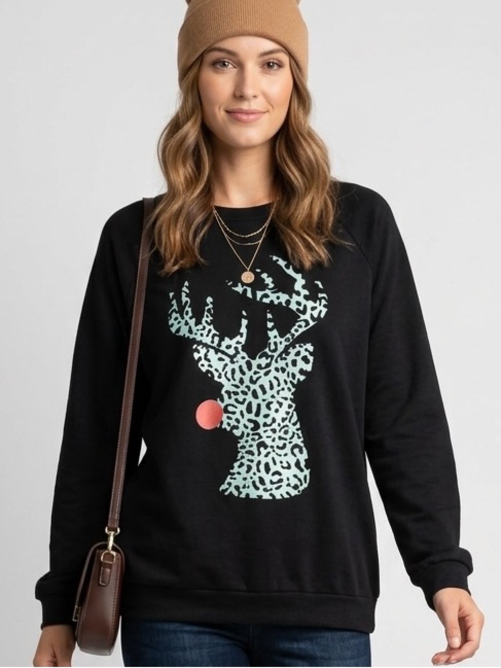 BiBi Leopard Print Reindeer Black Top